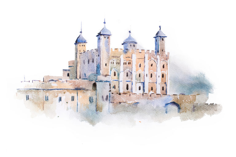 tower of London watercolor drawing, London, UK. English sightseeing aquarelle painting.